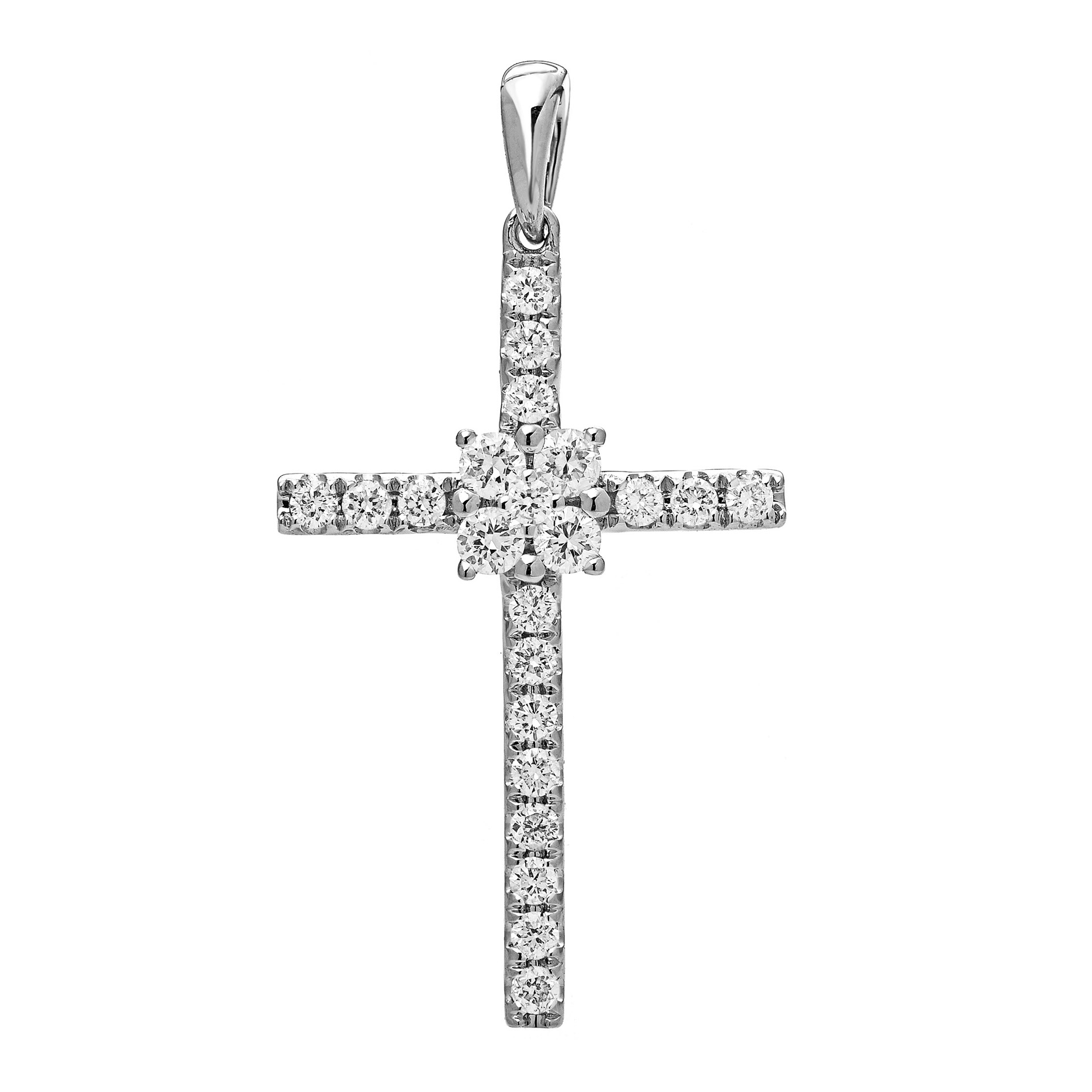 Round Cut Diamond Cross Pendant PD043667DB in White Gold - View 1