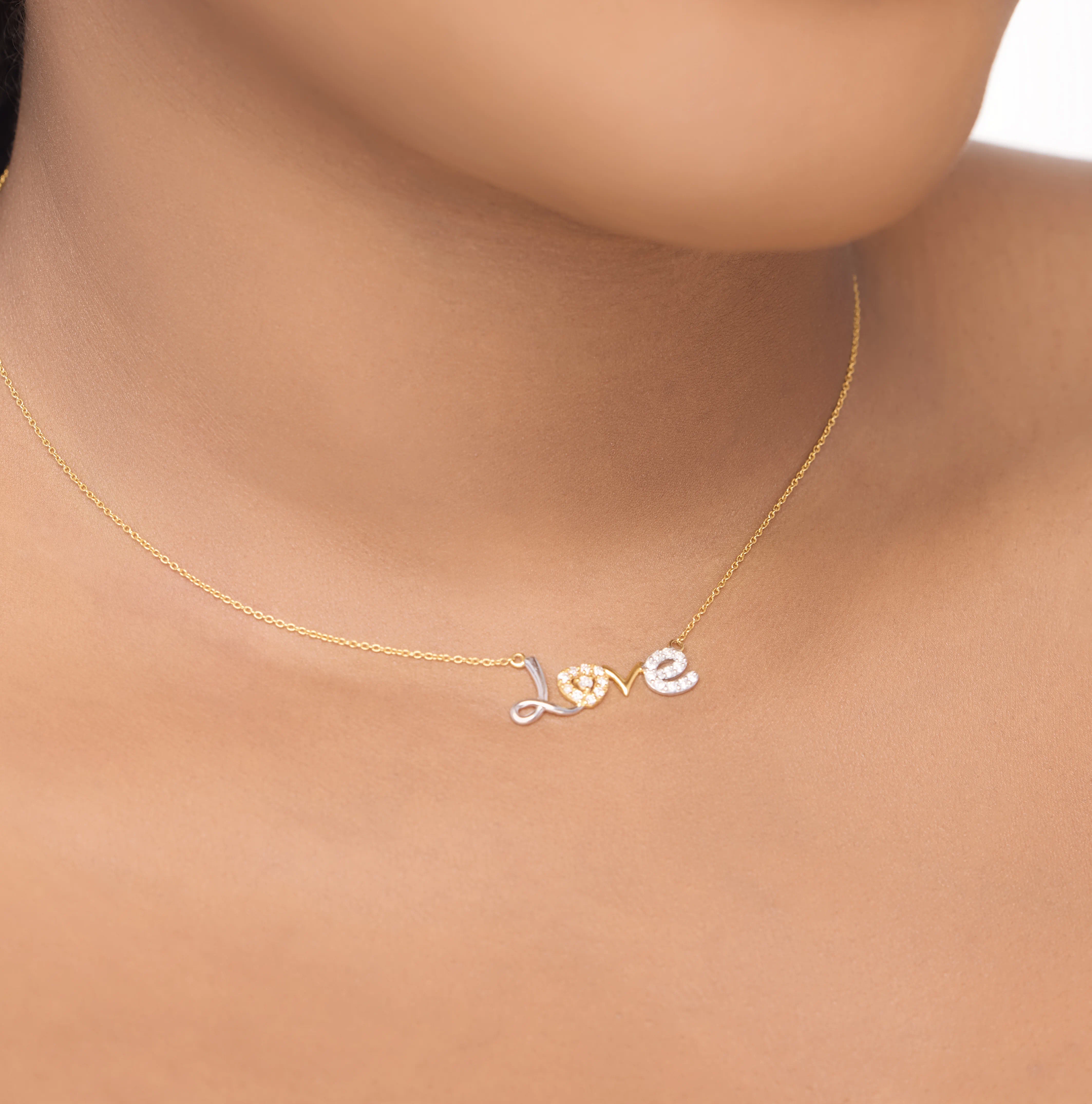 18K Gold Diamond Love Letter Necklace - Worn View