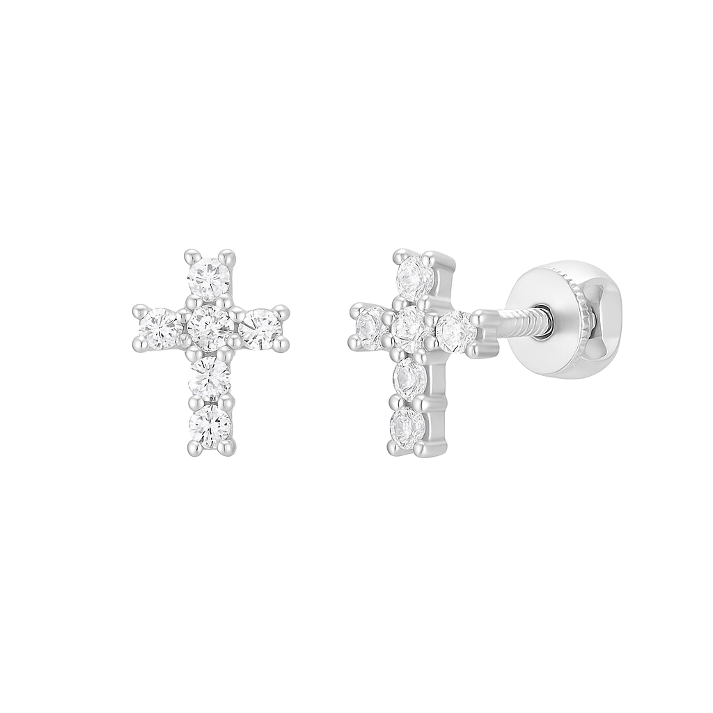 Tiny Cross Earring in 18K White Gold with natural diamonds