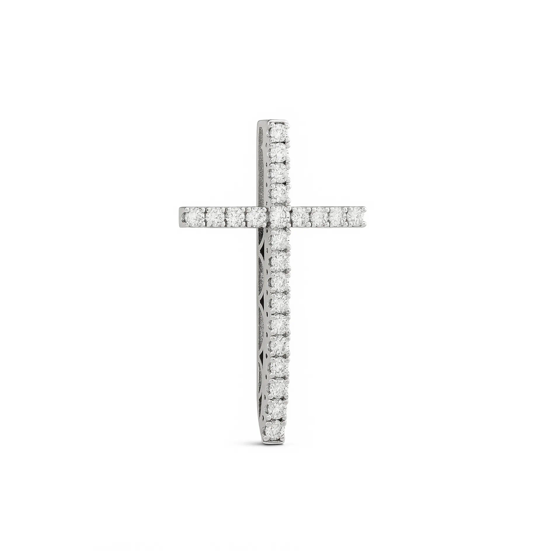 Luxurious 14k white gold cross pendant with sparkling diamonds, displayed with matching tennis chain