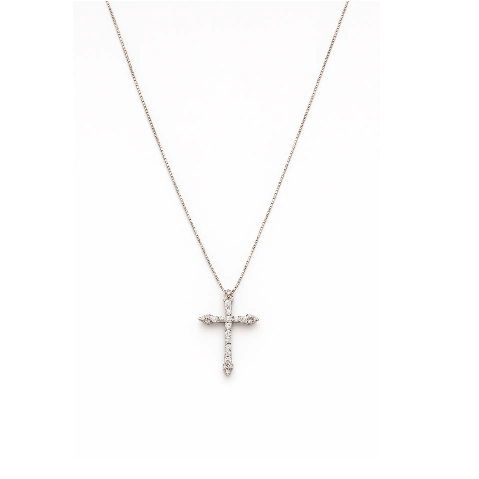Elegant 18k white gold small cross pendant with diamond accents, front view