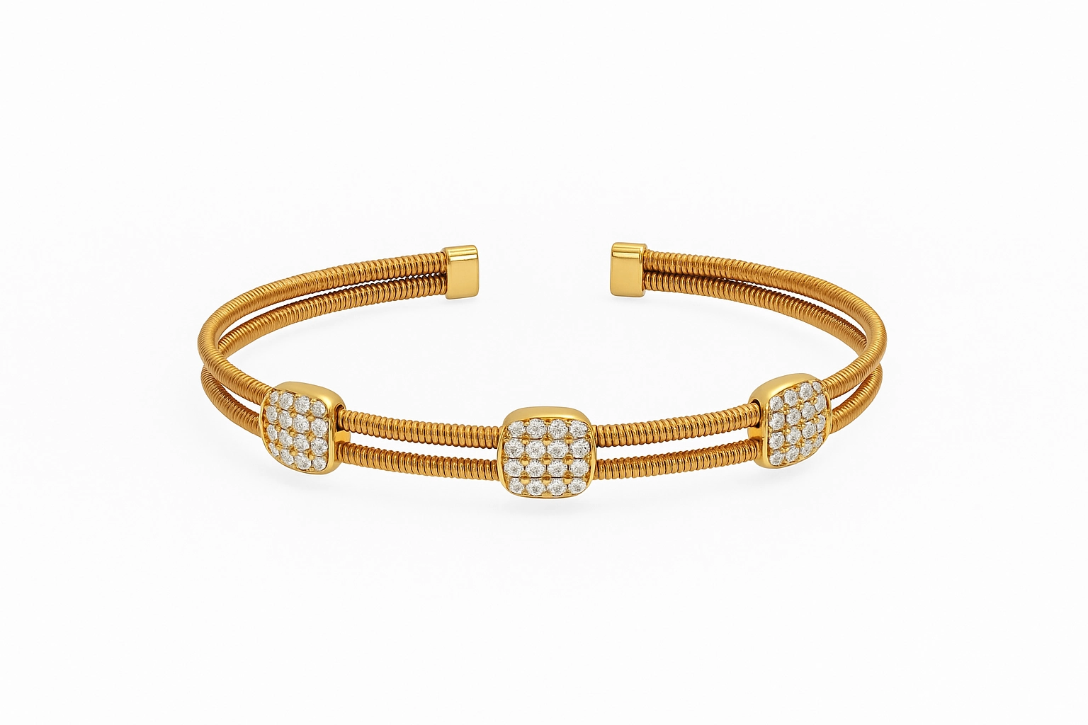 18K Yellow Gold Square Pave Diamond Bangle showcasing geometric diamond pattern