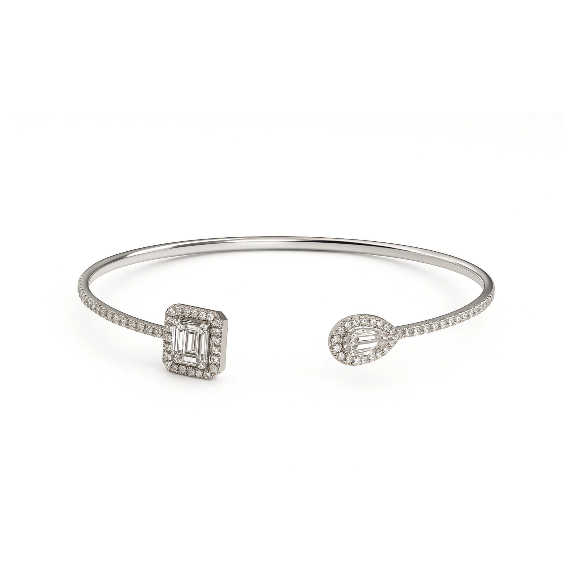 18K White Gold Square and Pear Cut Diamond Bangle - front view showing geometric design