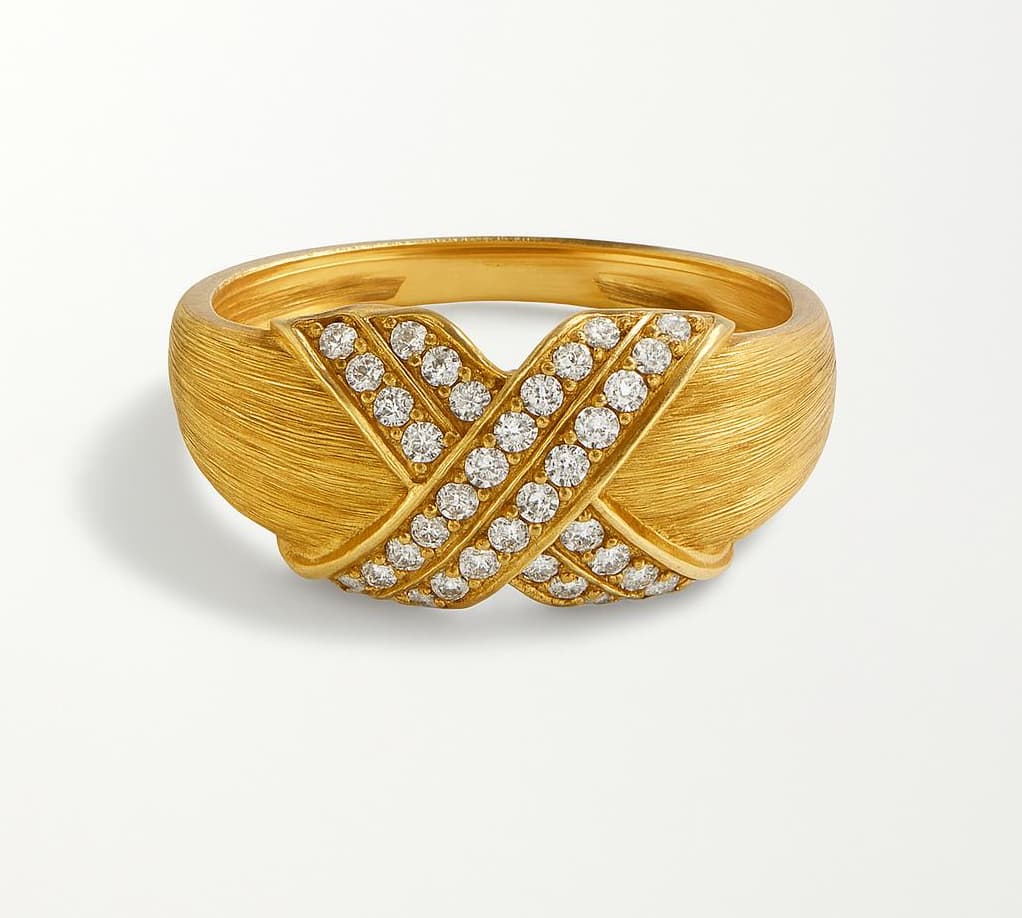 18K Yellow Gold X-Cross Diamond Band RI00041 - Front Perspective Showing Brushed Finish