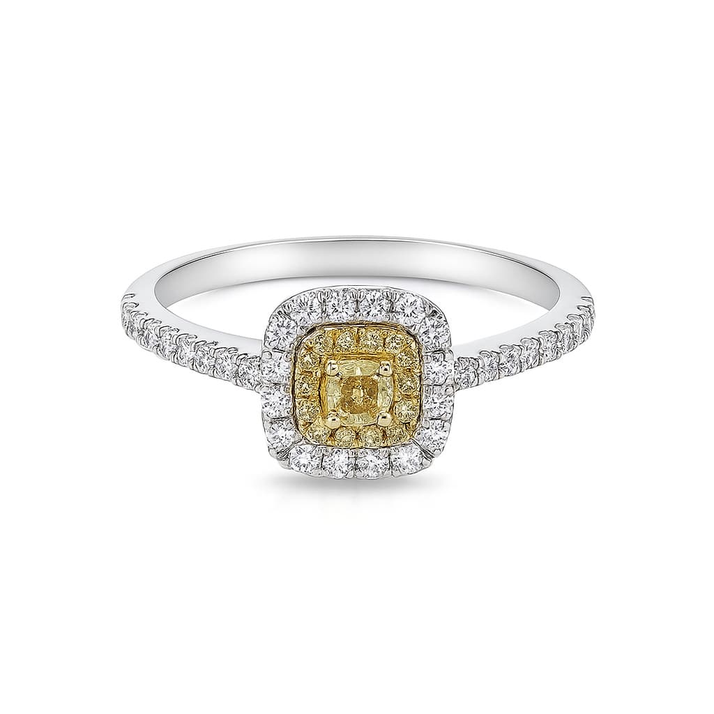 18K White Gold Cushion Engagement Ring RI00047 with Yellow Diamond