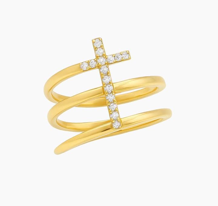 18K Yellow Gold Spiral Ring with Diamond Cross