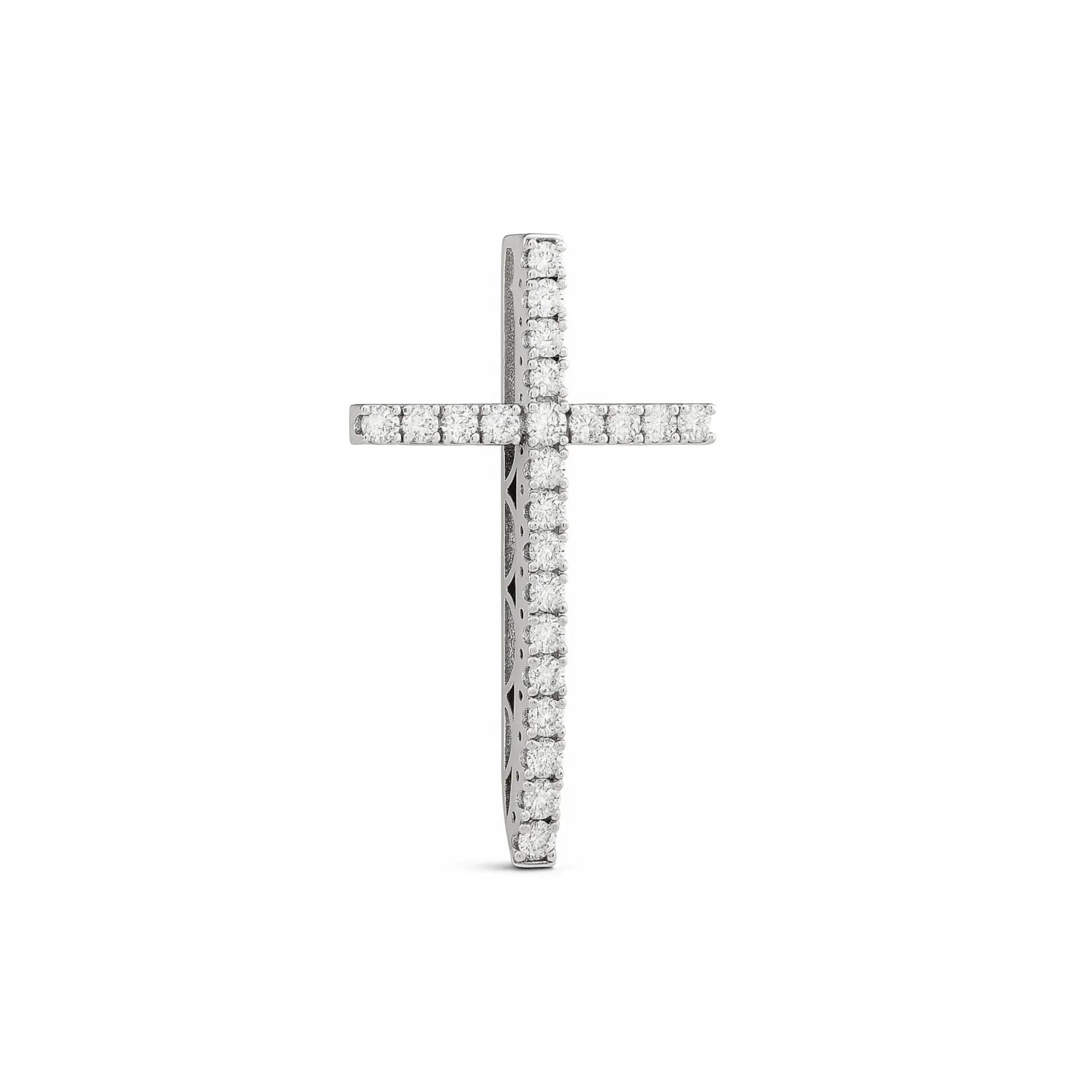 Luxurious 14k white gold cross pendant with sparkling diamonds, displayed with matching tennis chain