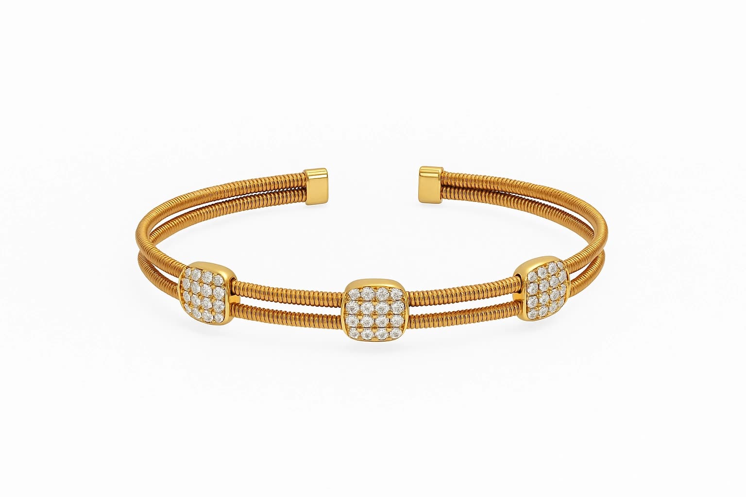 18K Yellow Gold Square Pave Diamond Bangle showcasing geometric diamond pattern