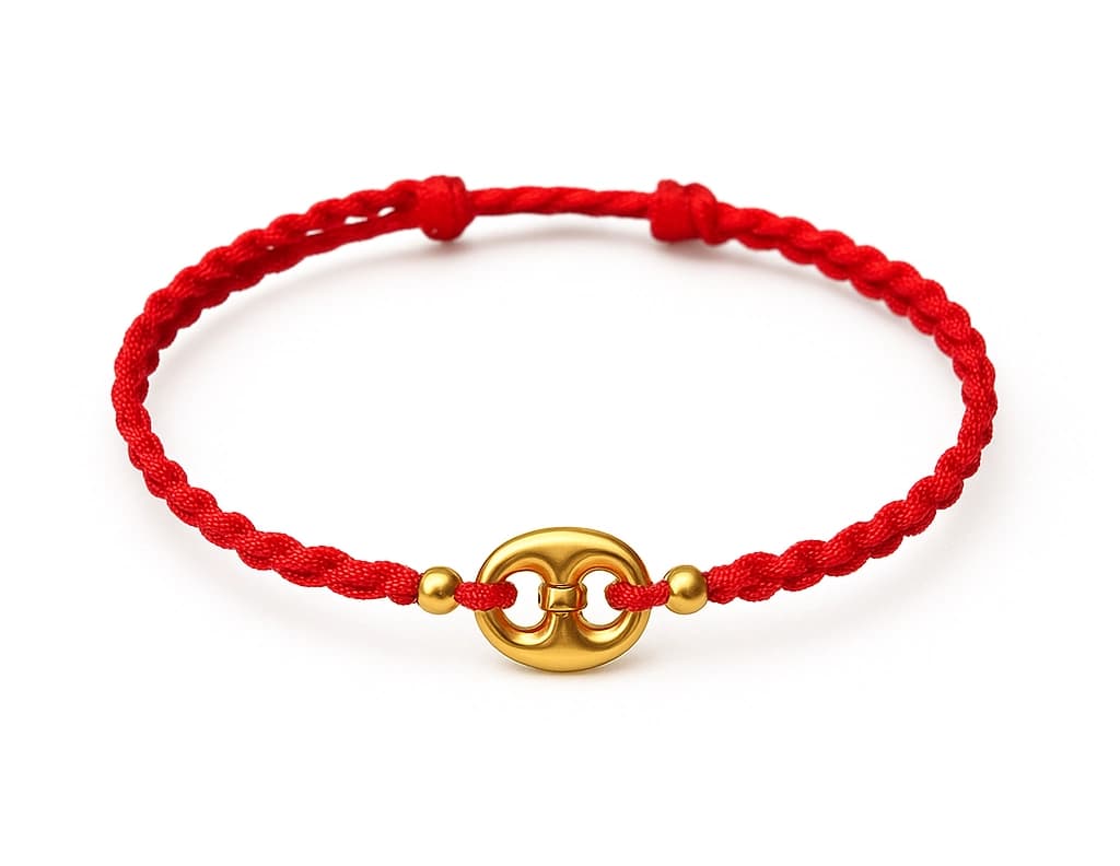 Red Tiffany-style bracelet with gold accents displayed on a velvet surface