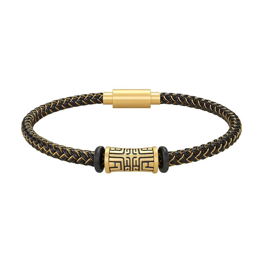 Men's woven bracelet featuring a large 24K gold bead centerpiece